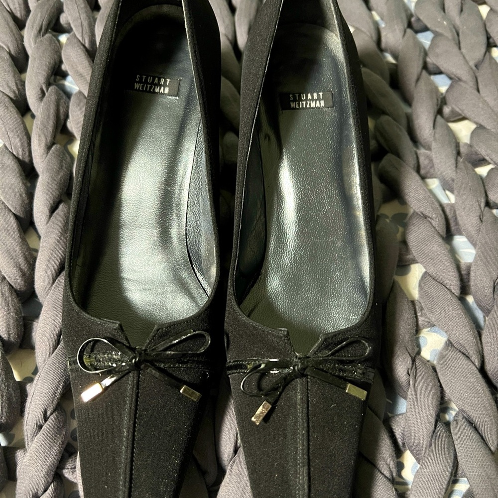 Stuart Weitzman kitten heel fabric pumps.